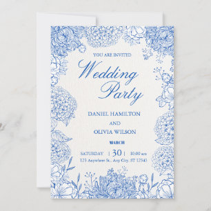 Invitation Mariage Élégant au Jardin Floral Bleu Poussiéreux