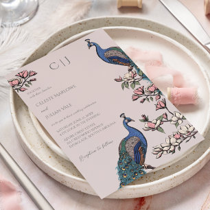 Invitation Mariage Élégant au Rose Pâle avec Paon et Fleurs
