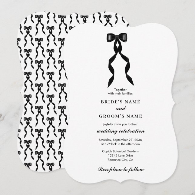 Invitation Mariage élégant au ruban noir (Devant / Derrière)