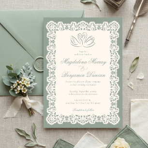 Invitation Mariage élégant au vert sauge et dentelle ivoire v