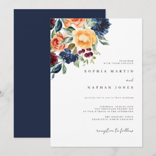 Invitation Mariage Élégant Automne Marine Fleurs Aquarelle