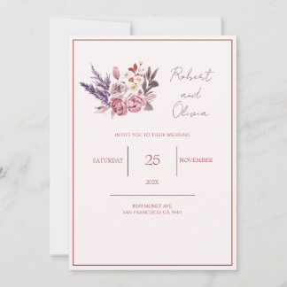 Invitation "Mariage Élégant aux Fleurs Roses et Violettes"
