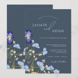 Invitation Mariage Élégant aux Fleurs Sauvages Bleu Ardoise