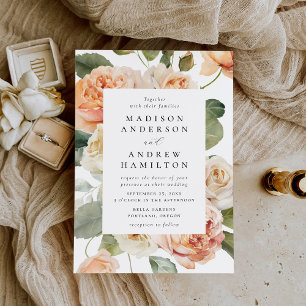 Invitation Mariage Élégant aux Pétales de Rose et Crème de Pê