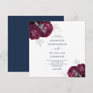 Invitation Mariage Élégant aux Pivoines Florales Bleu Nuit Bo