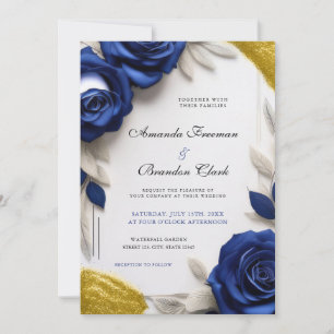 Invitation Mariage élégant aux roses bleues marine et paillet
