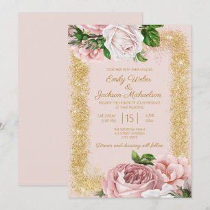 Invitation Mariage élégant aux roses florales roses et paille
