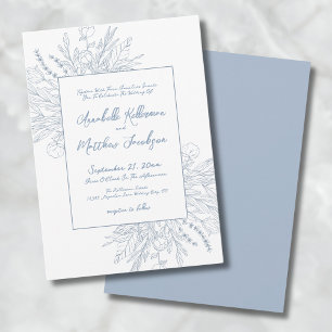 Invitation Mariage Élégant aux Thèmes Botaniques Bleu Poussié