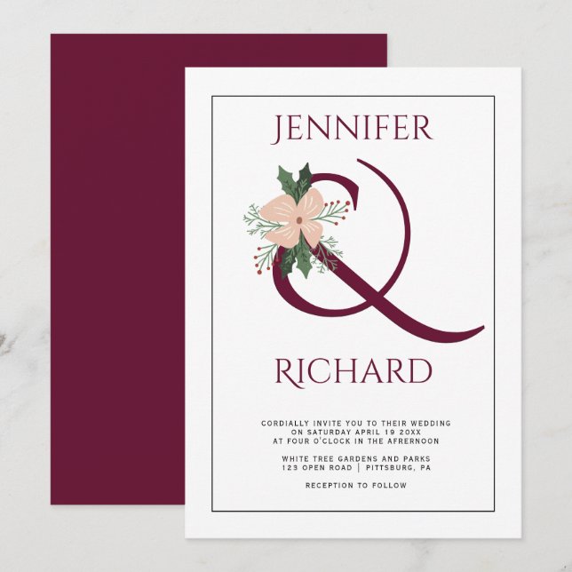 Invitation Mariage élégant avec ampersand bordeaux et fleurs  (Devant / Derrière)