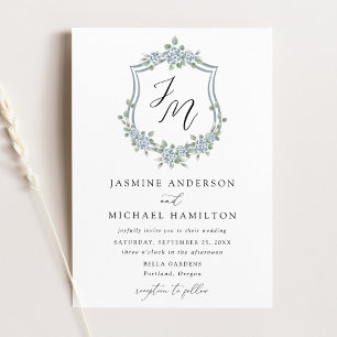 Invitation Mariage élégant avec blason floral bleu poussiéreu