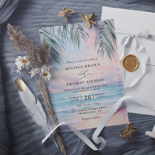 Invitation Mariage élégant avec code QR aquarelle sur la plag