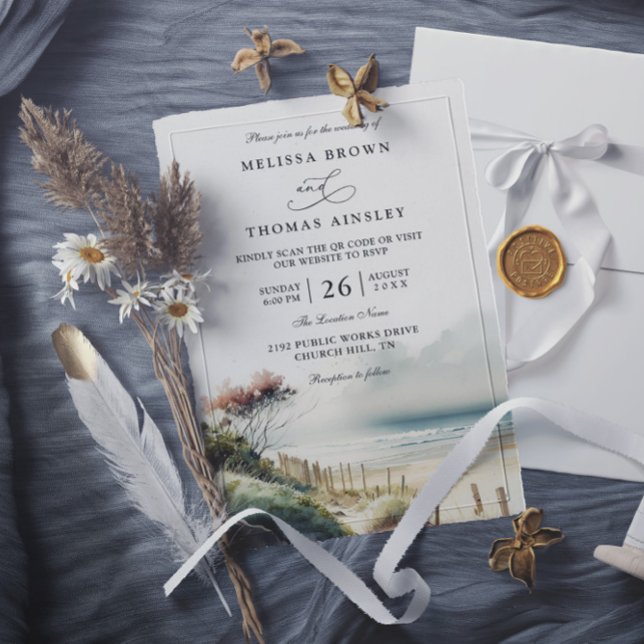 Invitation Mariage élégant avec code QR de plage de sable côt (Créateur téléchargé)