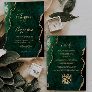 Invitation Mariage élégant avec code QR en écriture émeraude