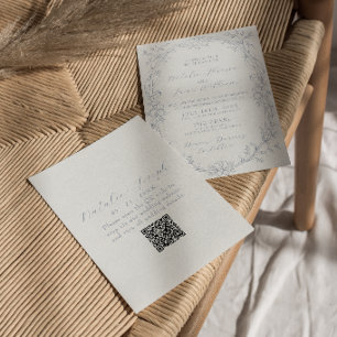 Invitation Mariage élégant avec code QR floral boho bleu pous