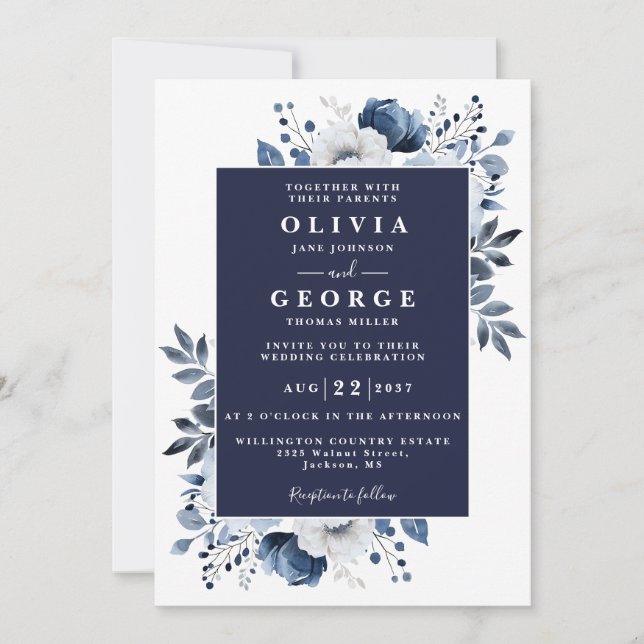 Invitation Mariage élégant avec code QR floral rustique bleu  (Devant)