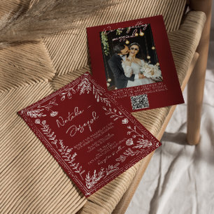 Invitation Mariage élégant avec code QR photo floral bleu rou