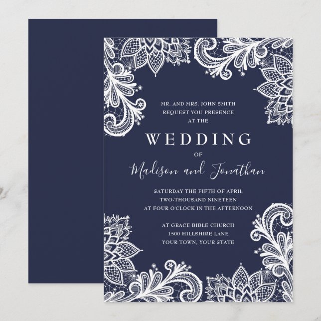 Invitation Mariage élégant avec dentelle de marine (Devant / Derrière)