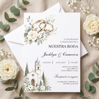 Invitation Mariage élégant avec Église, Anneaux dorés
