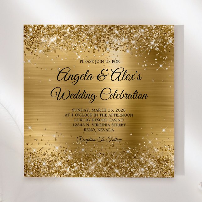 Invitation Mariage Élégant avec Feuille d'Or Pailletée (Square Invite)