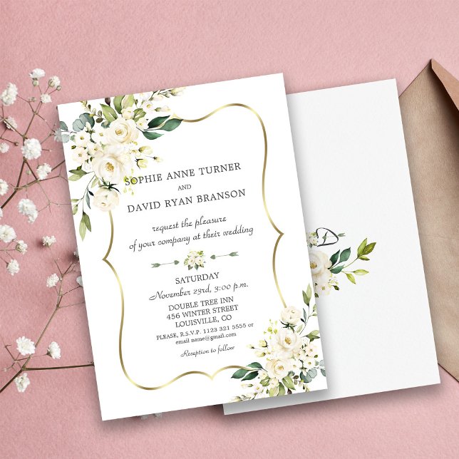 Invitation Mariage élégant avec fleurs blanches délicates et  (#floralgoldwedding #weddinginvitation)