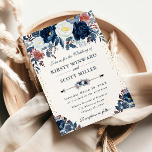 Invitation Mariage Élégant avec Fleurs Bleu Marine et Bleu Cl