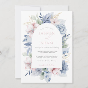 Invitation Mariage Élégant avec Monogramme Floral Bleu Poussi