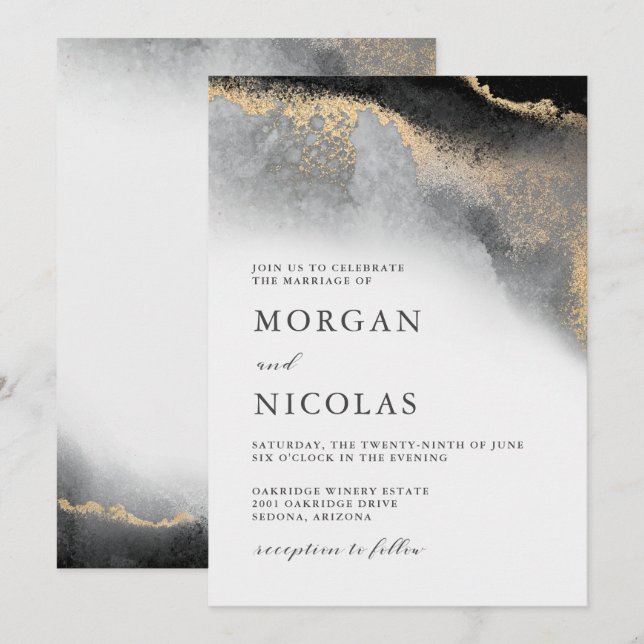 Invitation Mariage Élégant avec Opulence de Marbre Noir et Or (Devant / Derrière)
