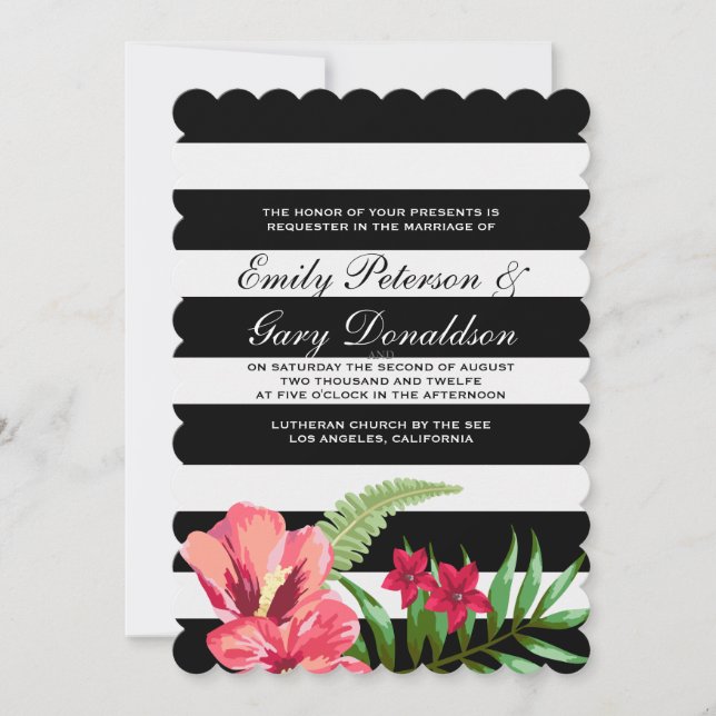 Invitation Mariage élégant avec rayures noires et blanches et (Devant)