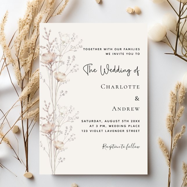 Invitation mariage élégant beige crème fleur sauvage (Créateur téléchargé)
