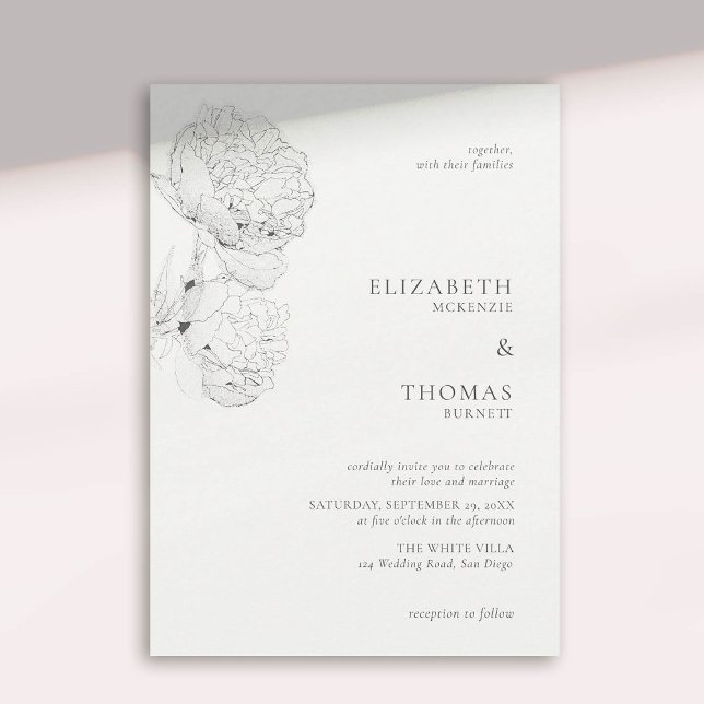 Invitation Mariage élégant blanc d'ivoire de pivoines délicat (peony wedding invitation large blooms ink sketch ivory white formal elegant modern classic)