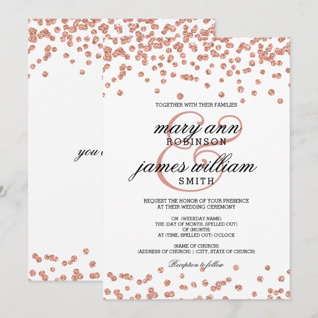 Invitation Mariage élégant blanc d'or de confettis roses de (Devant / Derrière)