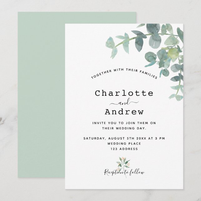 Invitation Mariage élégant blanc eucalyptus vert (Devant / Derrière)