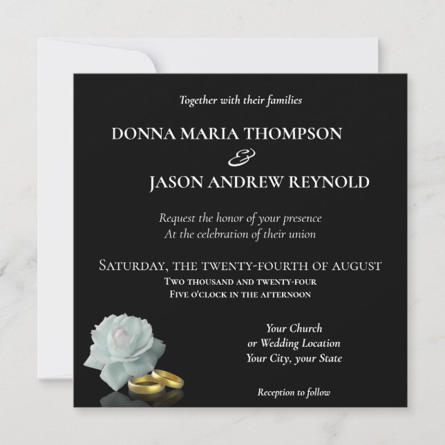 Invitation Mariage élégant Blanc Rose Or Cercles Noir (Devant)