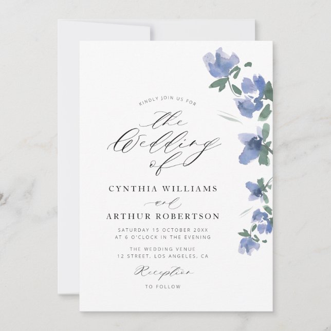 Invitation mariage élégant bleu aquarelle fleurit (Devant)