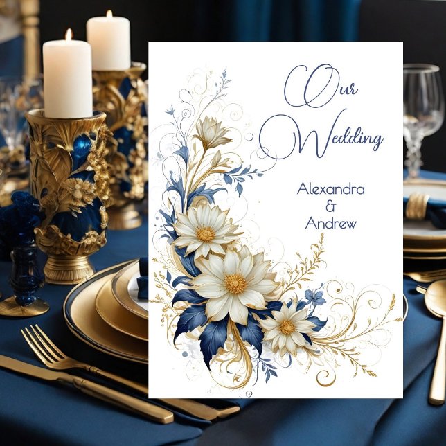 Invitation Mariage élégant Bleu Blanc Or Fleurs (Créateur téléchargé)