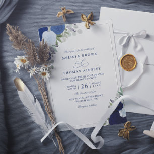 Invitation Mariage élégant bleu boho roses code QR moderne