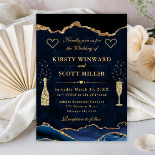 Invitation Mariage élégant bleu et doré à paillettes d'agate