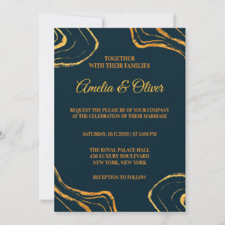 Invitation Mariage élégant bleu et or de la Royal Navy
