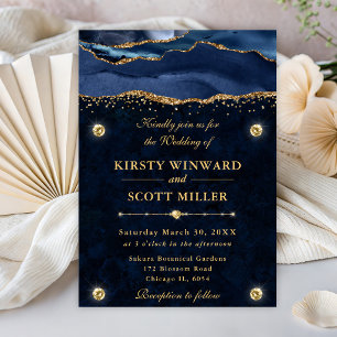 Invitation Mariage élégant bleu et or paillettes d'agate