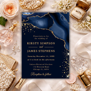 Invitation Mariage élégant bleu marine agate et or