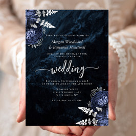 Invitation Mariage élégant bleu marine argent floral