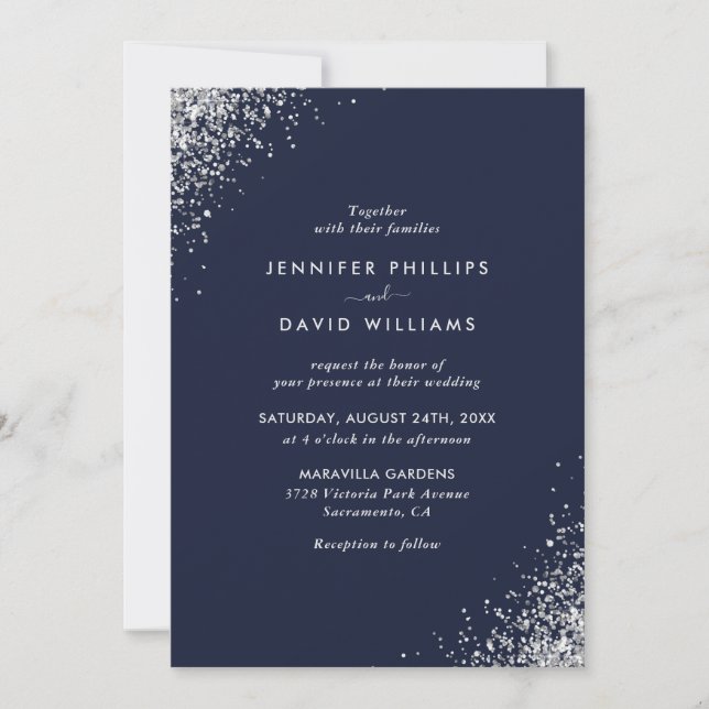 Invitation Mariage élégant bleu marine argent paillettes conf (Devant)