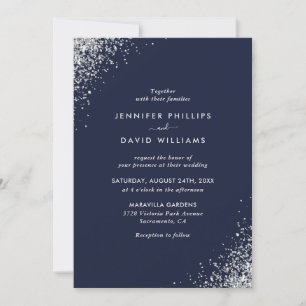 Invitation Mariage élégant bleu marine argent paillettes conf