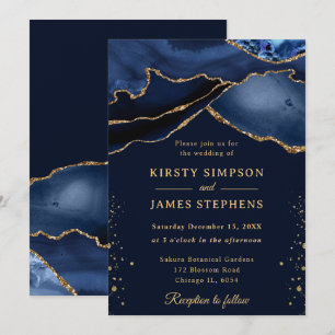 Invitation Mariage élégant bleu marine et agate pailletée or