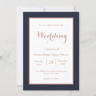 Invitation Mariage élégant bleu marine et blanc avec fausse r