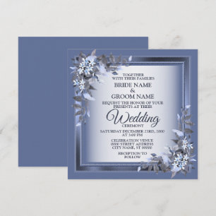 Invitation Mariage élégant bleu marine floral encadré argent