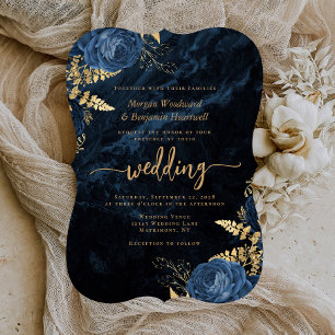 Invitation Mariage Élégant Bleu Nuit Or Floral Support