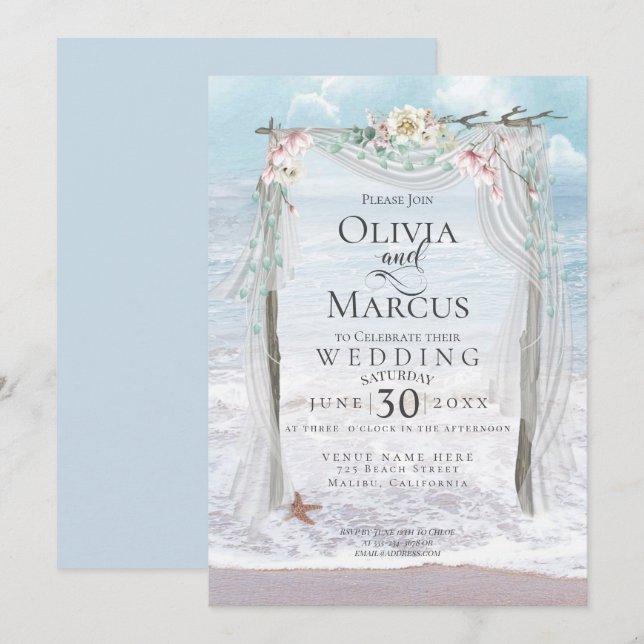Invitation Mariage | Elégant bord de mer Driftwood Tulle Arbo (Devant / Derrière)