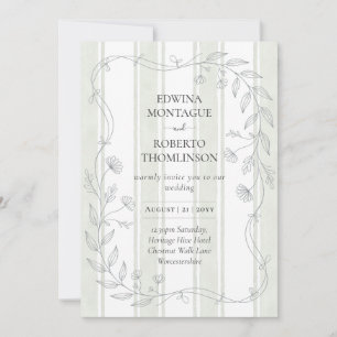 Invitation Mariage élégant botanique à rayures Heritage Sage