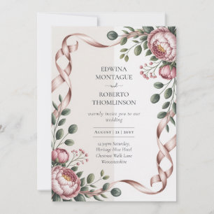 Invitation Mariage Élégant Botanique au Ruban Pivoine Héritag